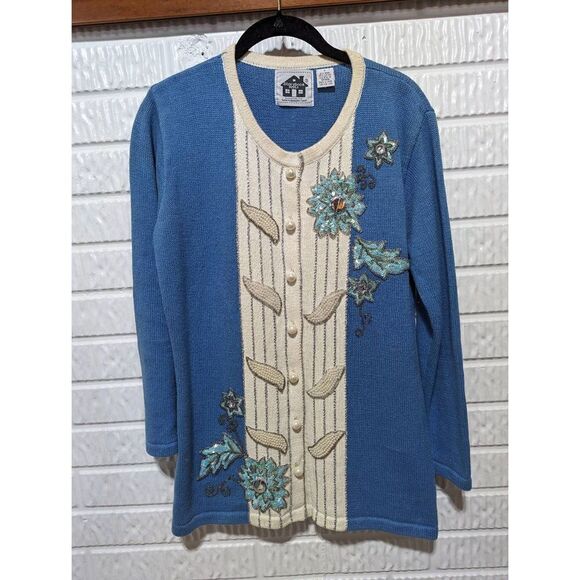 Storybook Knits Ladies Blue Cream Beaded Pearl Button Front Cardigan Sweater S - Picture 1 of 7